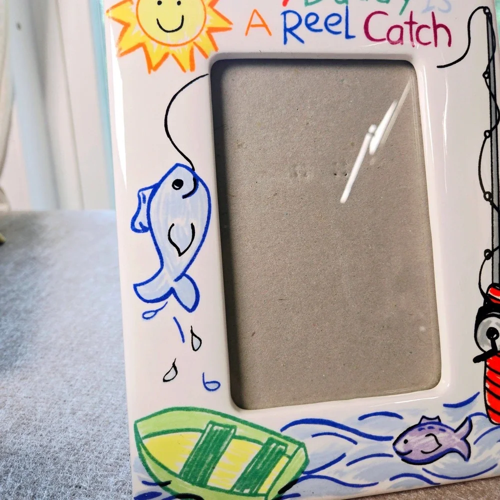 Russ Scribbles My Daddy Is A Reel Catch Fishing Ceramic 4x6 Picture Frame White